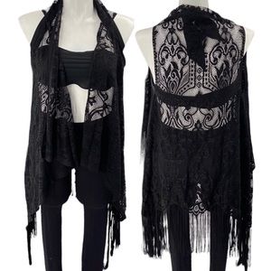 Cover-up black lace kimono sleeveless fringe boho vest sheer